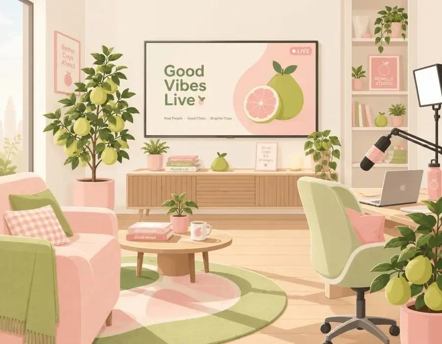 腐剧电视观看团队创作空间插画，屏幕与柚子树盆栽